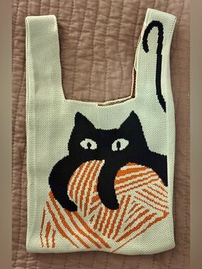 OXKnit Boho Sustainable Cream Cat Tote Bag with Black Cat & Orange Yarn Design